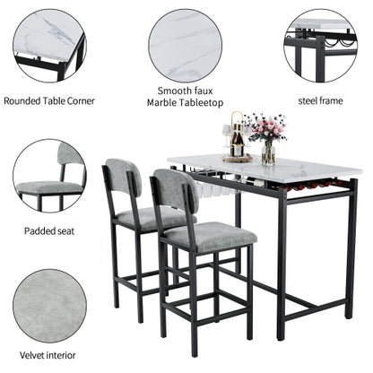 3-Piece Marble Finish Dining Set, Black Table & 2 Grey PU Upholstered Chairs