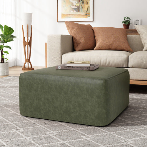 Green Square PU Leather Modular Sectional Ottoman, Pocket Coil Cushion Footrest for Contemporary Sofa Sets