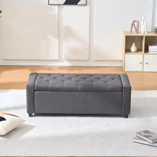 48 inch Grey Faux Linen Tufted Storage Bench, Safety Hinge Armrest Ottoman for Bedroom Entryway Living Room