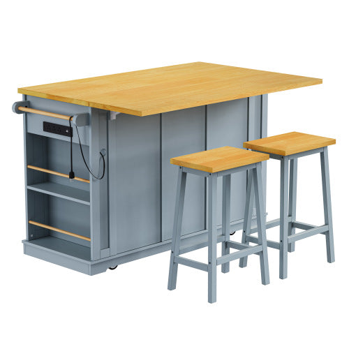 53inch Large Kitchen Island with 2 Bar Stools,Power Outlet,Door Internal Storage Rack,Kitchen Storage Cart on 5 Wheels with Drop Leaf,5 Open Side Racks,3 Drawers,Grey Blue (Three Packages)