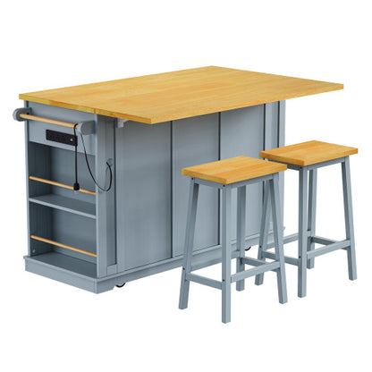 53inch Large Kitchen Island with 2 Bar Stools,Power Outlet,Door Internal Storage Rack,Kitchen Storage Cart on 5 Wheels with Drop Leaf,5 Open Side Racks,3 Drawers,Grey Blue (Three Packages)