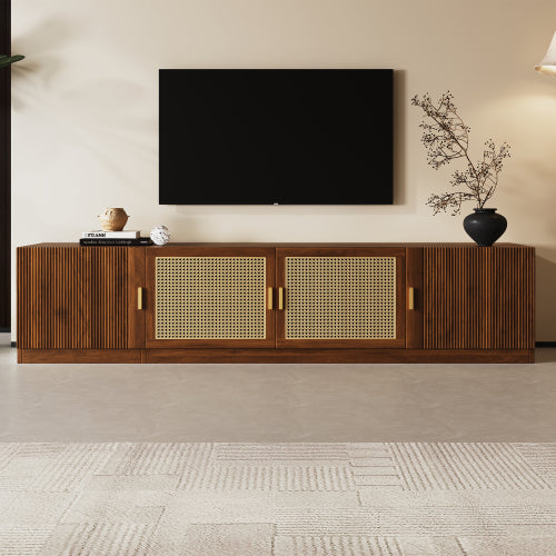 78.7 Inch Walnut TV Stand with Rattan Doors & Adjustable Shelves for 85 Inch TV