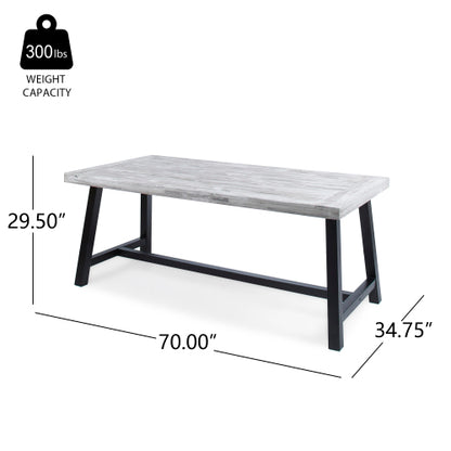 Outdoor Light Grey Sandblast Finish Acacia Wood Dining Table with Black Rustic Metal Finish Frame