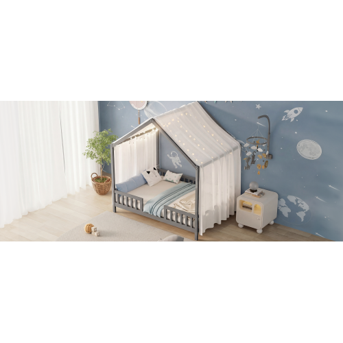 Montessori Floor Bed with Canopy, Full Bed Frame for Kids, House Shape Toddler Bed Frame with High Railings, Wood Kids Bed with Roof, Kid Full Bed, Grey