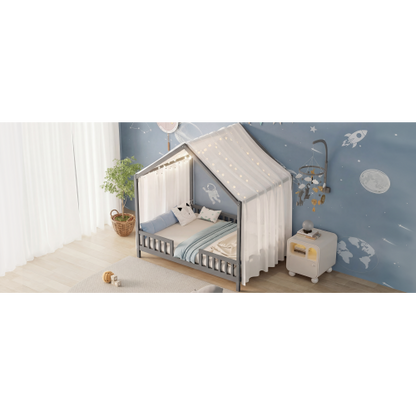 Montessori Floor Bed with Canopy, Full Bed Frame for Kids, House Shape Toddler Bed Frame with High Railings, Wood Kids Bed with Roof, Kid Full Bed, Grey