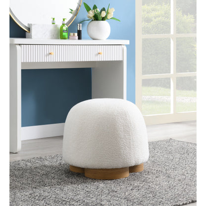 20 inch White Teddy Boucle Round Ottoman, Fully Assembled Petal Shape Footstool, 300 LBS for Bedroom Entryway