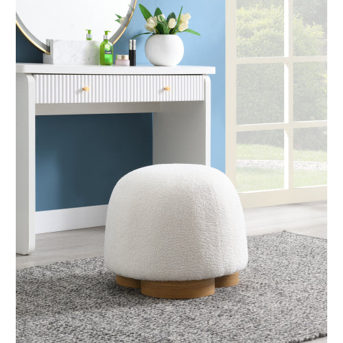 20 inch White Teddy Boucle Round Ottoman, Fully Assembled Petal Shape Footstool, 300 LBS for Bedroom Entryway