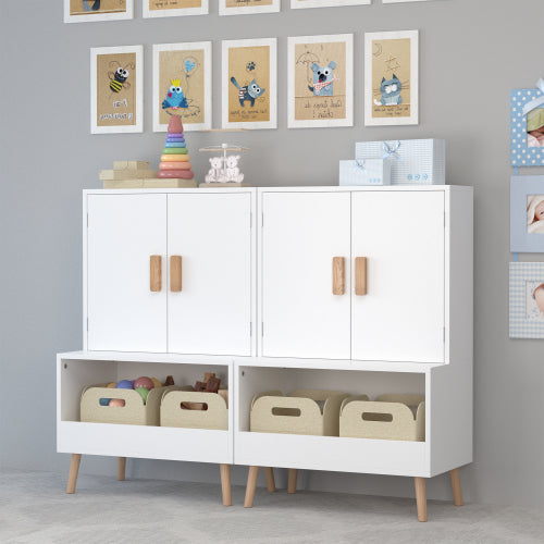 Kids Toy Storage Cabinet with Doors and Open Shelf White