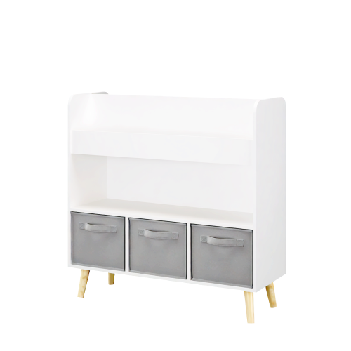 White Gray Kids Bookshelf With 3 Removable Fabric Bins Toy Book Organizer