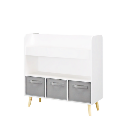 White Gray Kids Bookshelf With 3 Removable Fabric Bins Toy Book Organizer