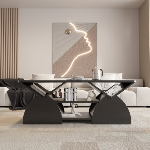 Modern Rectangular Coffee Table with Storage Shelves Engineered Wood Black