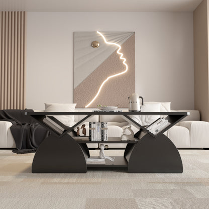 Modern Rectangular Coffee Table with Storage Shelves Engineered Wood Black