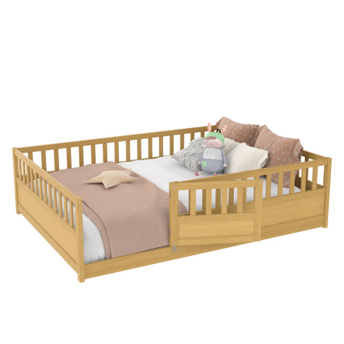 Full Size Floor bed, integral construction with super high security barrier, door, children's floor bed frame, Montessori wooden children's floor bed, Support  slat Natural Wood