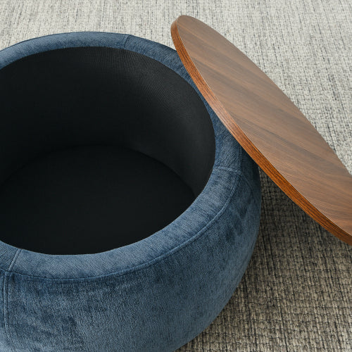 Dark Blue Round Pleated Fabric Storage Ottoman, Includes Matching Small Stool, 250 LBS Load Capacity, 25 inch x25 inch x14.7 inch