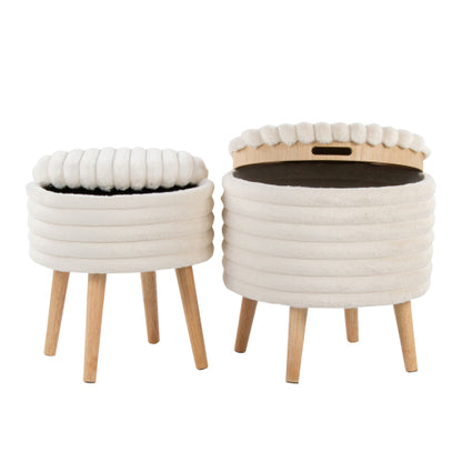 Set of 2 Storage Ottoman Faux Fur Accent Stools with Natural Wood Finish