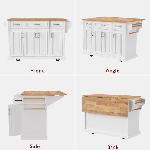 54 Inch Rolling Kitchen Island with Drop Leaf Drawers & Wheels White