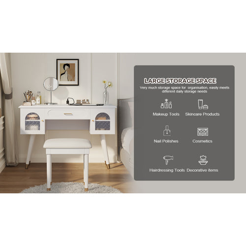 White Multi Purpose Vanity Table & Stool Set, Built in 2 Outlet & 2 USB Charging Port, Carved Glass Cabinet