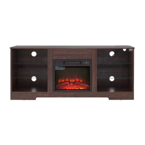 58 Inch Black Electric Fireplace TV Cabinet Bluetooth APP Controlled RGB LED Light Media Stand with Charging Ports for 62 Inch TV