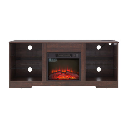 58 Inch Black Electric Fireplace TV Cabinet Bluetooth APP Controlled RGB LED Light Media Stand with Charging Ports for 62 Inch TV
