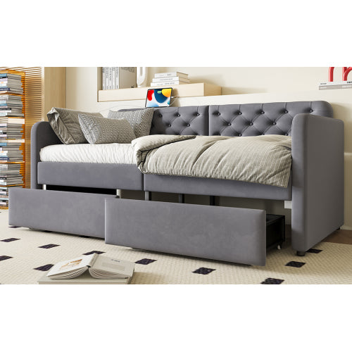 Twin Size Upholstered Daybed with 2 Storage Drawers and USB Charging Design, Velvet Upholstered Daybed Frame, Twin Sofa Bed for Living Room Bedroom, No Box Spring Needed,Plush Velvet Fabric