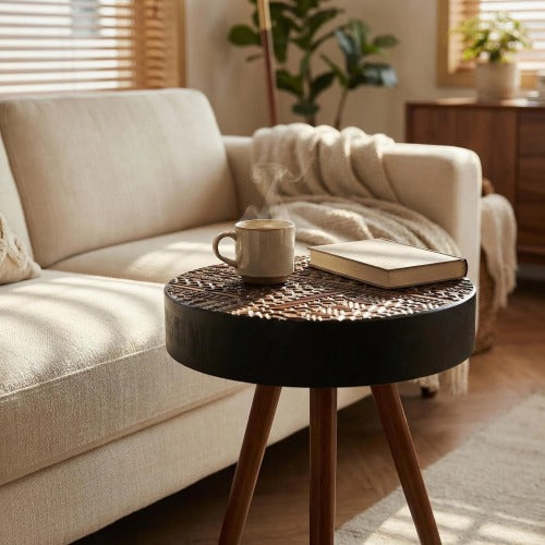 15.7inch  Mini Round Wooden Side Table, Brown & Black
