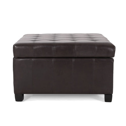 Dark Brown PU Leather Tufted Storage Ottoman with Waffle Stitch