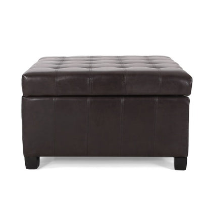 Dark Brown PU Leather Tufted Storage Ottoman with Waffle Stitch