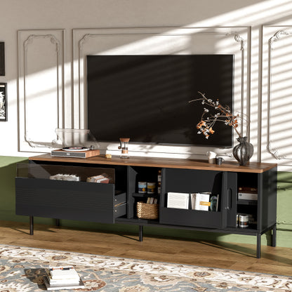 Mid Century Modern 75 Inch TV Stand with Sliding Doors Walnut Console