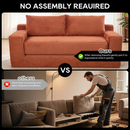 Orange Memory-Foam Convertible Compression Loveseat Sofa-Bed Corduroy No-Assembly Couch for Small Apartment