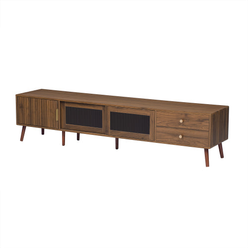 76 Inch Modern TV Stand with Glass Doors Wood Grain Media Console
