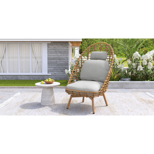 Ellis Outdoor Wicker High-back Swivel Lounge Chair, Teak Finished Leg, Light Brown Faux Rattan and Beige Cushion