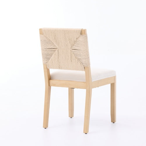 Cane Back Wood Dining Chairs with Linen Cushions, Set of 2, Beige