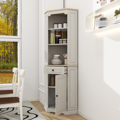 68" Tall Corner Cabinet, Freestanding Corner Storage Cabinet with 1 Door, 1 drawer and a Adjustable Shelf, Farmhouse Bar Storage Cabinet for Living Room, Dining room, Kitchen, Bathroom-Antique White