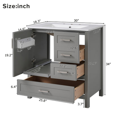 30" Gray Bathroom Vanity with Sink Combination Set, Bathroom Storage Cabinet with Soft Close Door, 3 Soft Close Drawers and Removable Tray, Solid Wood Frame