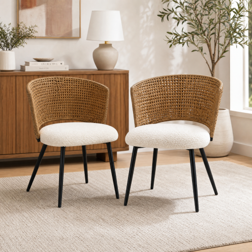 PE Rattan Dining Chairs with Teddy Cushions and Metal Legs, Set of 2, Beige/Brown