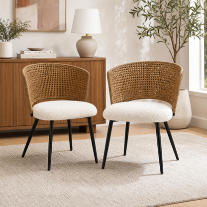 PE Rattan Dining Chairs with Teddy Cushions and Metal Legs, Set of 2, Beige/Brown