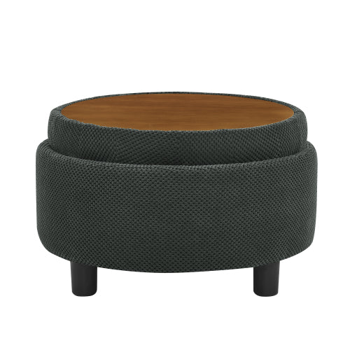 25 Inch Round Storage Ottoman, Dark Grey Tufted Fabric