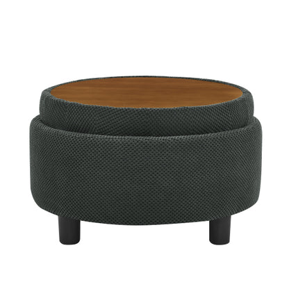 25 Inch Round Storage Ottoman, Dark Grey Tufted Fabric