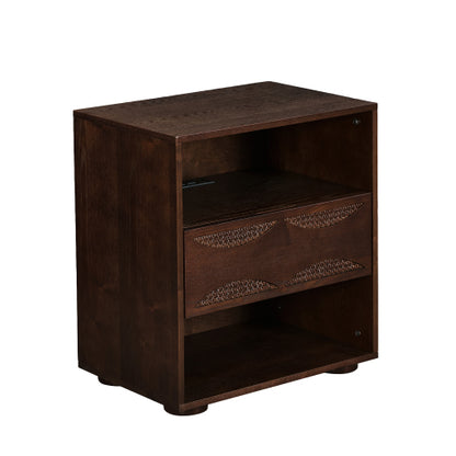 Mid Century Modern Rattan Nightstand with Charging Station USB Ports & Outlet Hole & 4 Solid Wood Bases, Farmhouse End Table with Open Space and Drawer Dresser, Walnut