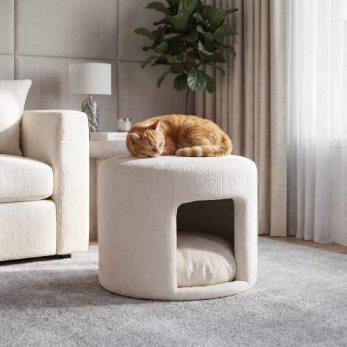 23.6 inch Round Beige Pet-Friendly Ottoman with Hidden Pet Nook, Acacia Legs, 220 LBS Weight Capacity