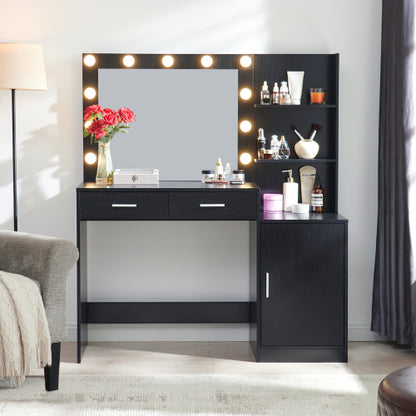 Black Vanity Desk with Mirror & Lights, 46.4IN Dressing Table, 2 Large Drawers & Vertical Organizer, 3 Lighting Modes
