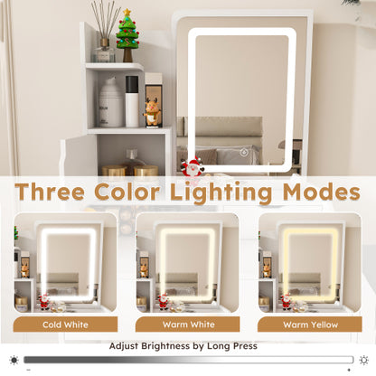 White 3-Color LED Vanity Mirror with Stool, 2 Drawers & 5 Storage Cabinets (4 Open + 1 Hidden), Adjustable Lighting