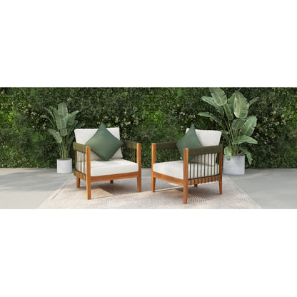 [Set of 2] Acacia Wood Outdoor Club Chair with Handwoven Rope Accents & Curved Backrest