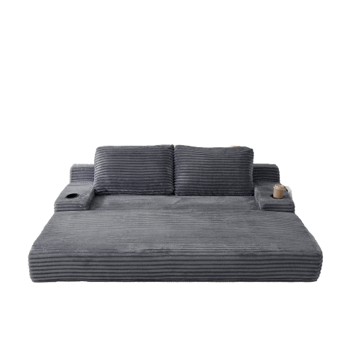 70.8-inch corduroy two-in-one sofa bed, featuring a lounge chair with two throw pillows, built-in cup holders in the armrests, and side storage pockets-ideal for living rooms, bedrooms, and relaxation