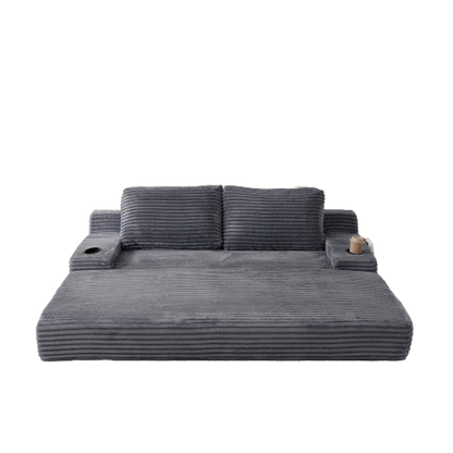 70.8-inch corduroy two-in-one sofa bed, featuring a lounge chair with two throw pillows, built-in cup holders in the armrests, and side storage pockets-ideal for living rooms, bedrooms, and relaxation