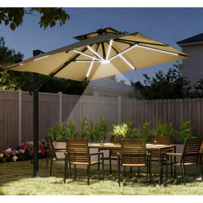 Outdoor Umbrellas,Offset Hanging Umbrella,Solar LED Cantilever Umbrella,with 360°Rotation,Cross Base,Ribs,Tilt and Crank