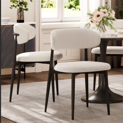 Set of 2 Beige Fabric Metal Dining Chairs, Farmhouse Style Rustic Chairs 250lb Capacity