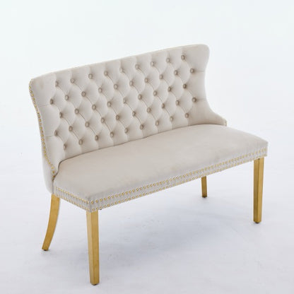 Velvet Double Dining Loveseat Bench, Kitchen & Dining Seating, 2-Seat Tufted Bench w/Handmade Buttons, Wing Back, Gold-Plated Steel Legs, Mid Century Modern,Single Pack,Beige