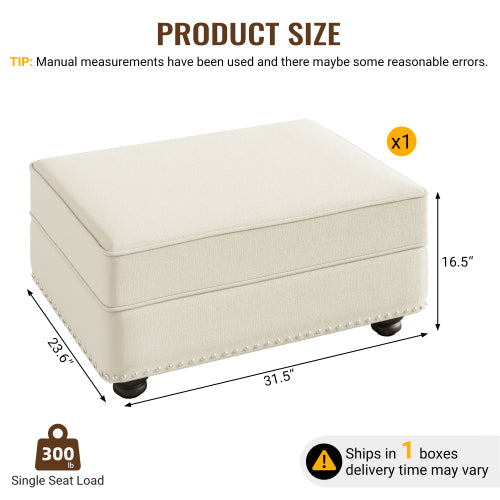 Beige White Modular Velvet Ottoman, Matching Sofa Footstool, 31.5 inchx23.6 inchx16.5 inch, 300 LBS Capacity for Living Room & Apartment