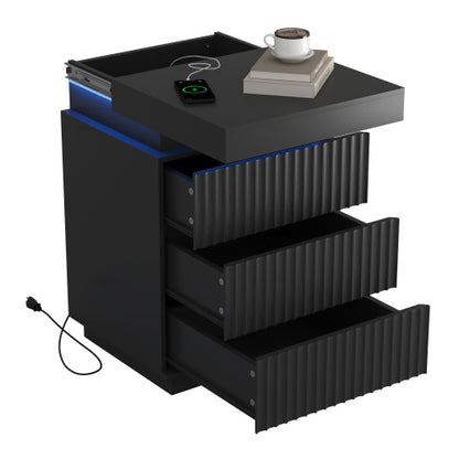 2 Pack Black Nightstand, Sliding Top Charging Station & RGB LED Fluted Drawers